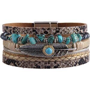 🔥 Gelconnie Leather Cuff Bracelet Women Brown Feather Multi Strand Wrap Jewelry